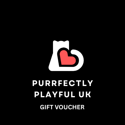 The Purrfectly Playful UK logo, designed for the gift voucher, features a black background with white text. A white cat elegantly wraps its tail around a heart, symbolising warmth and companionship.